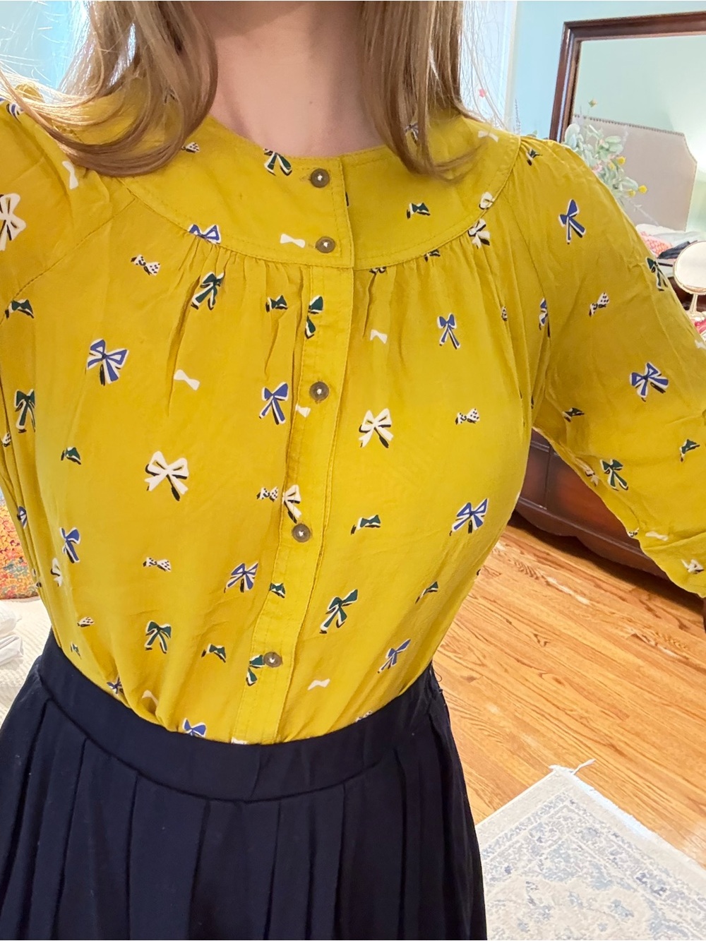Anthropologie Mustard Yellow Bow-Print Button Blouse